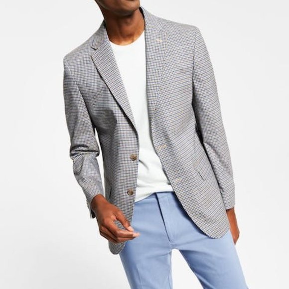 Tommy Hilfiger Mens Modern-Fit Brown/Blue Check Blazer, Size 42L